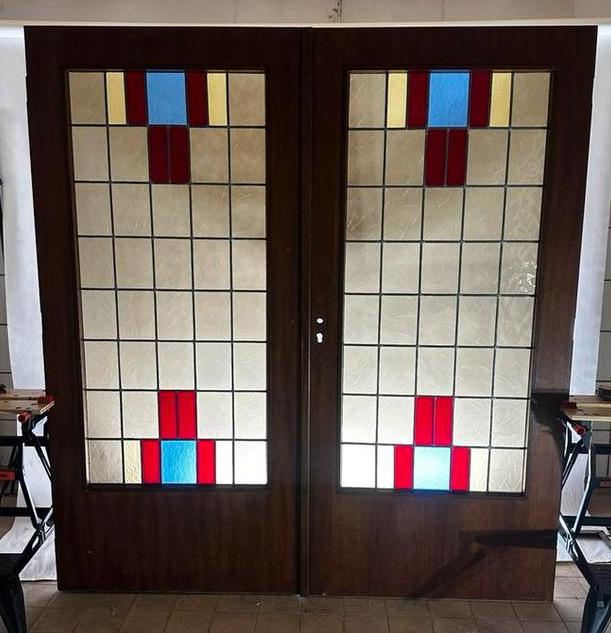 202,5x93 Set ensuite deuren met glas in lood goede staat, Doe-het-zelf en Verbouw, Deuren en Horren, Ophalen, Binnendeur, 200 tot 215 cm