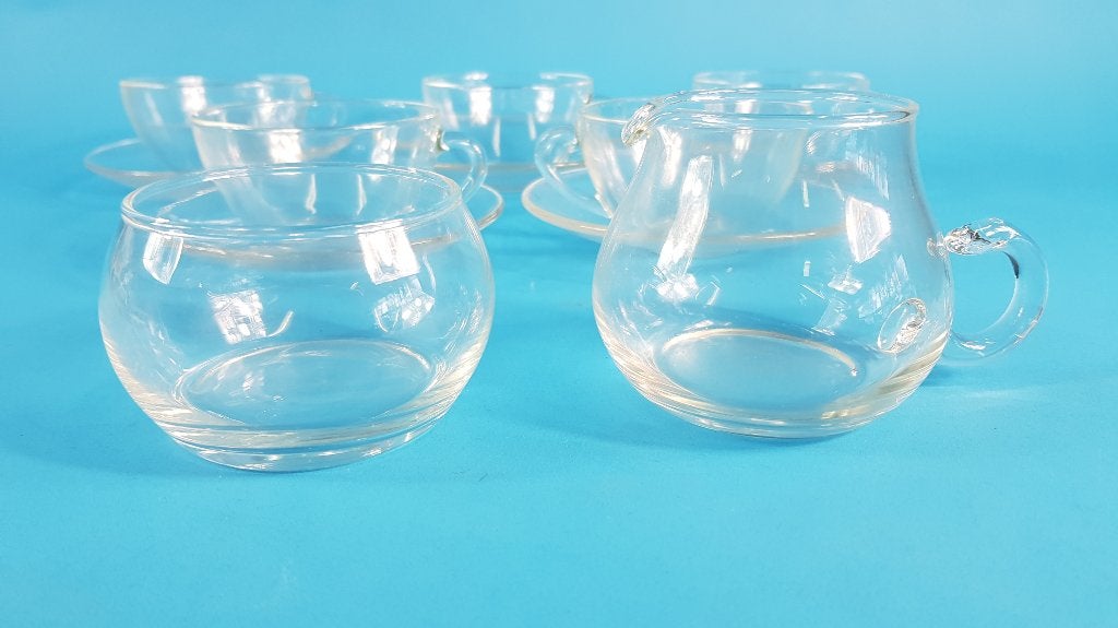Arcoroc theeservies helder glas. Roomstel, 5 kop/schotel 6B8, Tweedehands verkoop, Tweedehands verkoop, Gebruikt, Ophalen of Verzenden