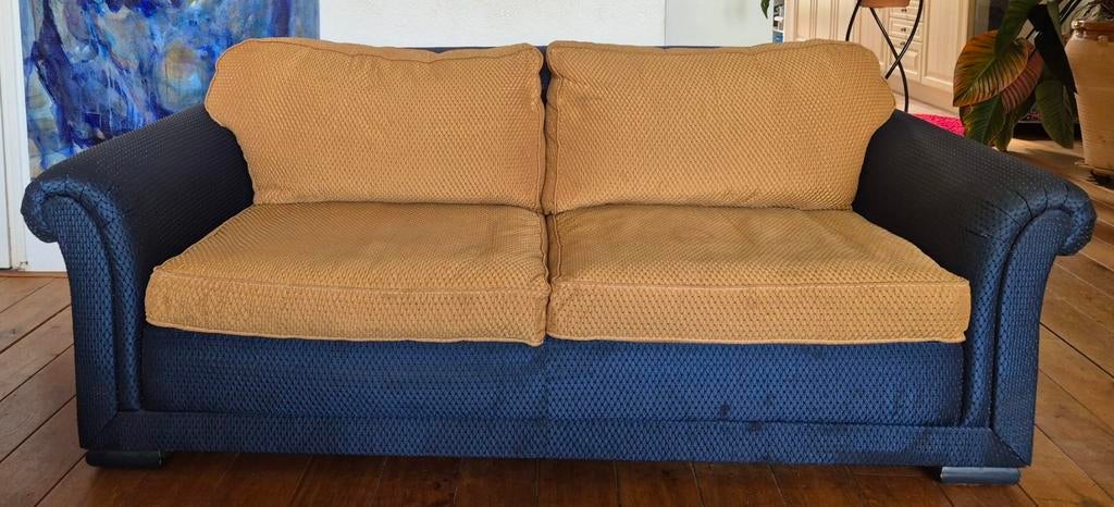 Bankstel + bijpassende stoel. Koningsblauw met cognac., Huis en Inrichting, Banken | Bankstellen, Ophalen, Minder dan 75 cm