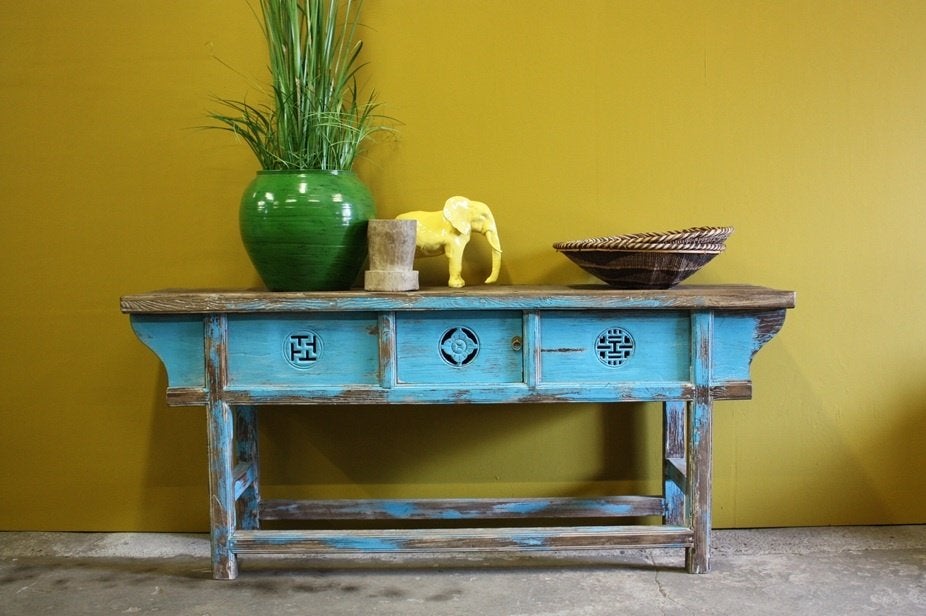 Stoer Blauw Oud Houten Sidetable Uniek Landelijk Wandmeubel, Nieuw, Ophalen of Verzenden, 150 tot 200 cm, Overige houtsoorten