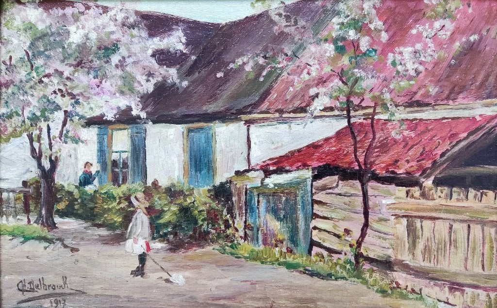 Fr. school (Ch. Delbrouck 1917) - Meisje voor boerderij, Paneel, Impressionistisch, Ophalen of Verzenden, Gesigneerd