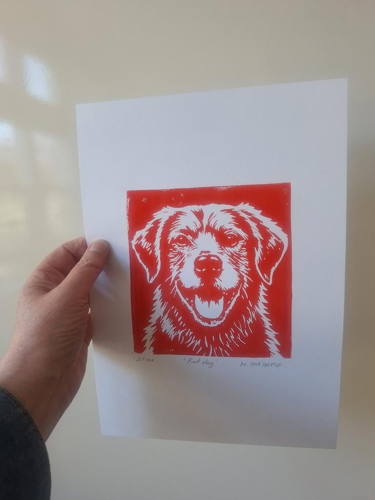 Originele handgemaakte linosnede 'Red Dog' - Kunstprint, Verzenden