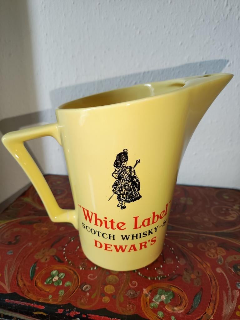 Mooie gele vintage aardewerken kan "White Label" van Dewar's, Verzamelen, Verzenden, Gebruikt, Gebruiksvoorwerp