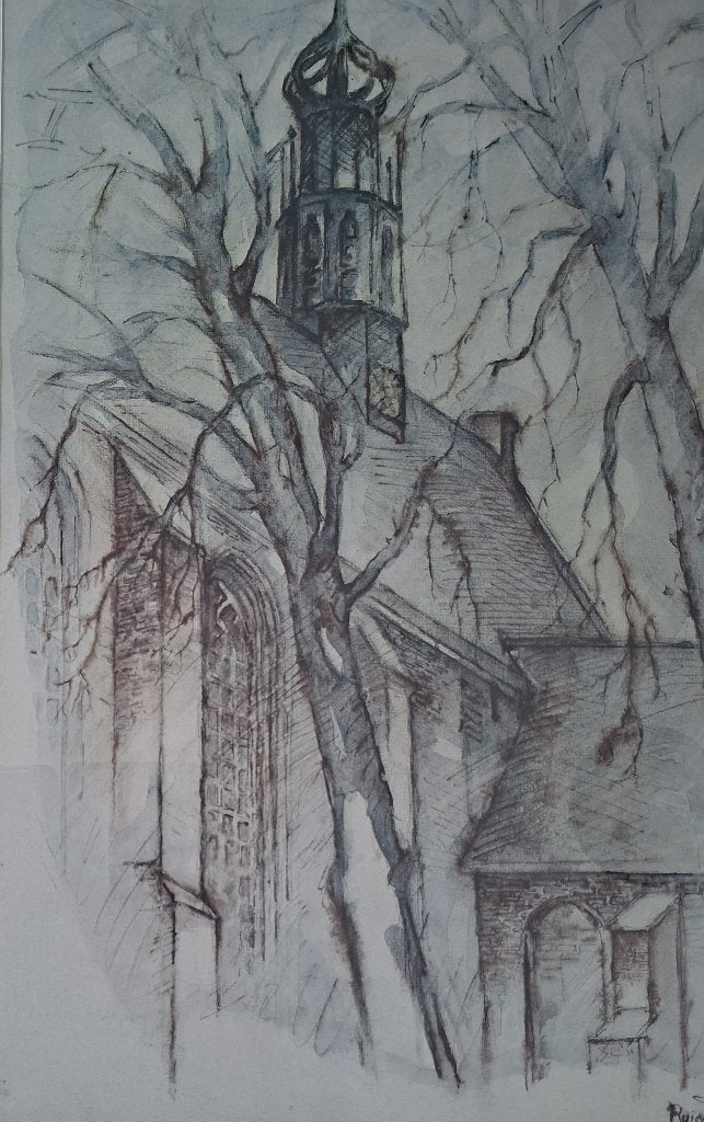 Bob Denneboom - Ruïne Kerk Van Bergen (NH), Antiek en Kunst, Achter glas, Papier/karton, Ophalen of Verzenden, Gemengde techniek
