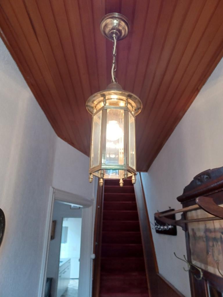 Hanglamp messing, Ophalen, Gebruikt, Glas, Klassiek modern