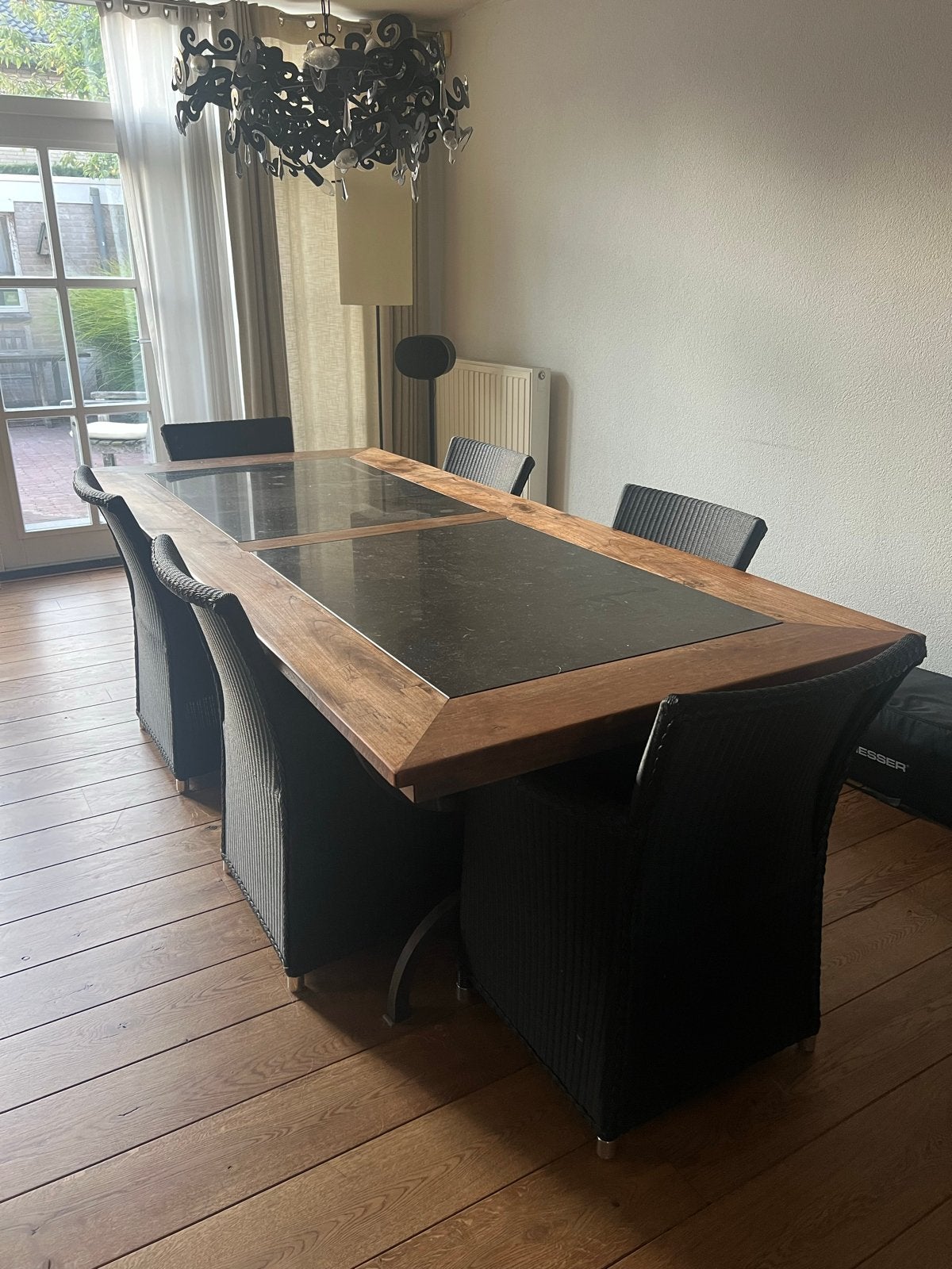 Artistiek Arduin Eettafel met Houten Rand (250x110cm), Ophalen, Overige materialen, Gebruikt, 100 tot 150 cm