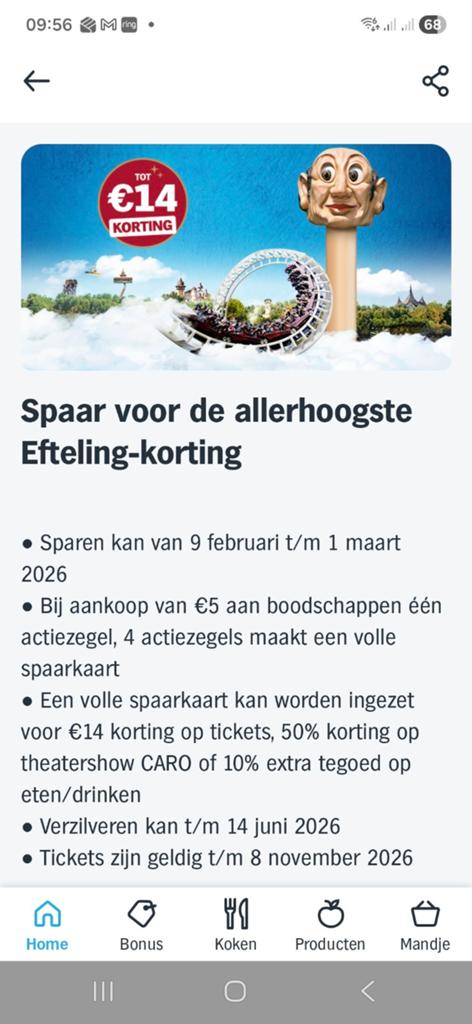 AH zegelkaarten voor korting Efteling, Eén persoon, Kortingskaart