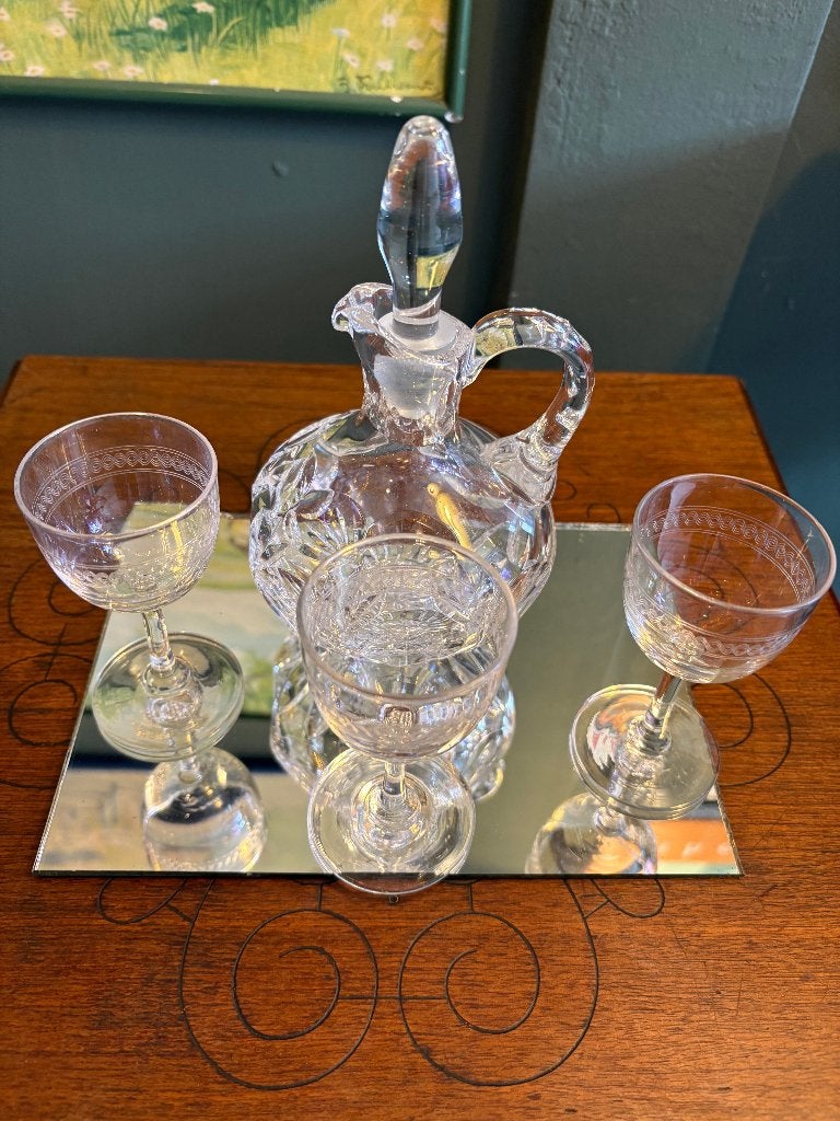Antiek Kristallen Karaf incl. 3 Geslepen Glaasjes., Ophalen of Verzenden