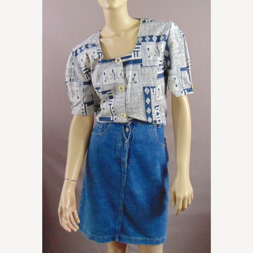 Vintage jaren 90 beige en donkerblauwe blouse maat M / L, Maat 38/40 (M), Zo goed als nieuw, Vintage, Verzenden
