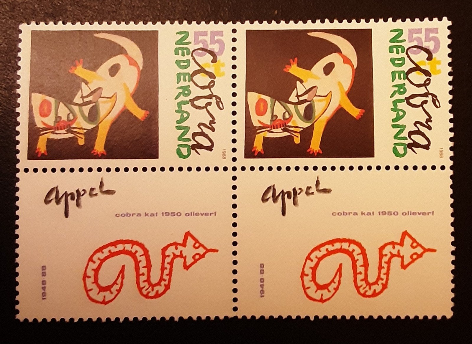 Blok van 2 x 55 c met tab COBRA - Appel 1988 NL Postfris, Ophalen of Verzenden