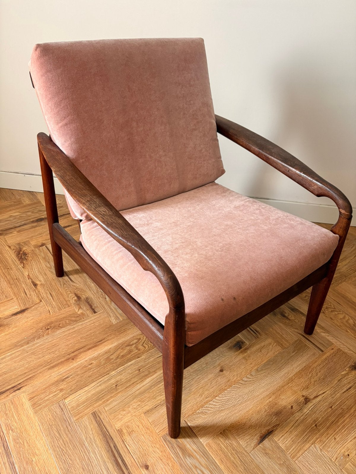 Vintage Deense fauteuil / lounge stoel teak – opknapper, Ophalen, Zo goed als nieuw, Minder dan 75 cm, 50 tot 75 cm