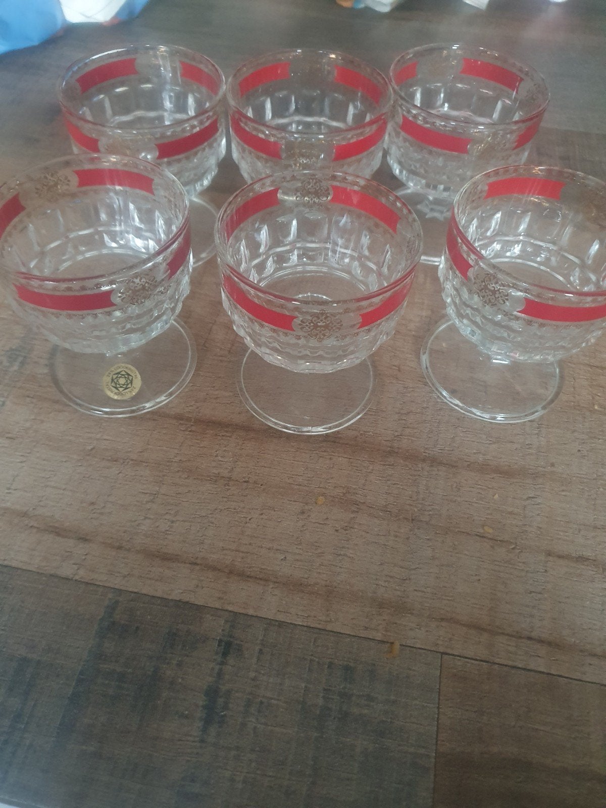 Set van 6 Loodkristallen Dessertcoupes met Rode Rand, Antiek en Kunst, Ophalen of Verzenden