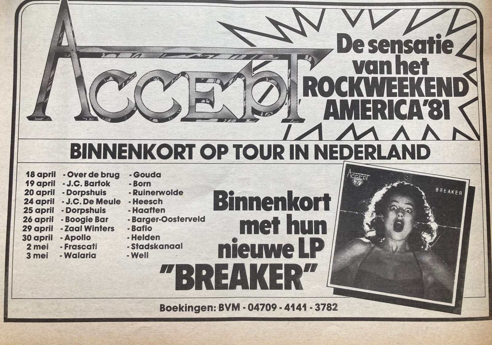 Paginagrote A4 advertentie ACCEPT Breaker NL tour 1981, Ophalen of Verzenden, Zo goed als nieuw