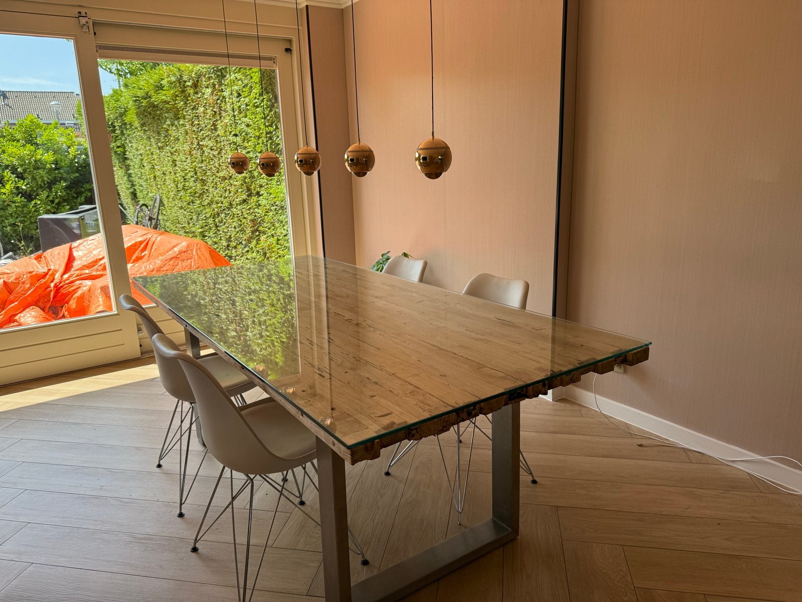 Vintage Eettafel 220x100 met Glazen Blad en Metalen Poten, Ophalen, Gebruikt, 100 tot 150 cm, 200 cm of meer