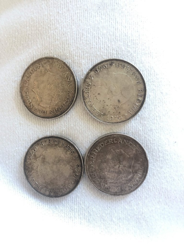 Set van 4 oude munten Koningin Juliana (1970 & 1973), Koningin Juliana, Setje, Zilver, Ophalen of Verzenden
