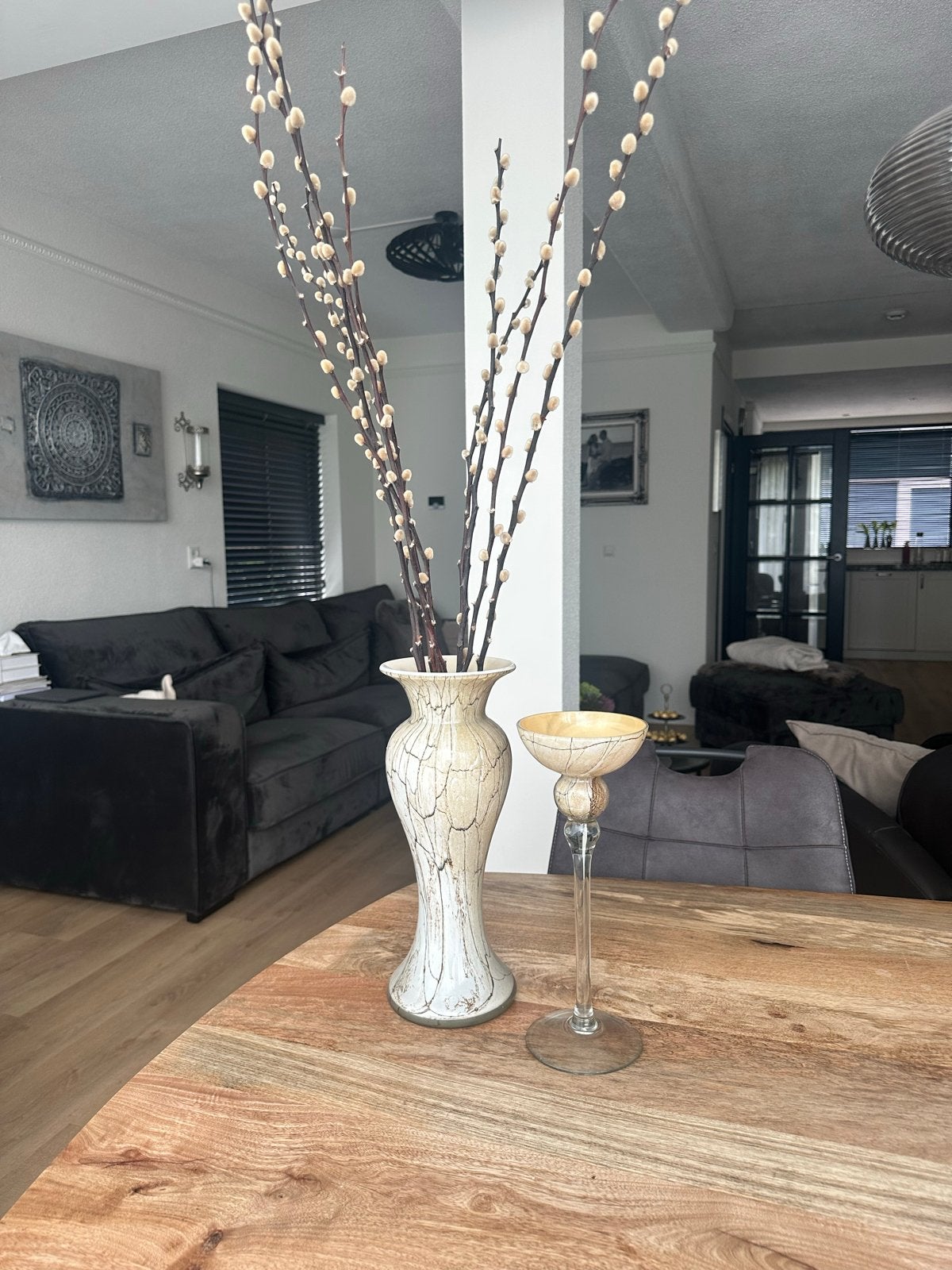 Hotel Chic Set: Mondgeblazen Vaas + Windlicht  Craquelé, Huis en Inrichting, Ophalen, Met patroon/structuur, Beige, Glas