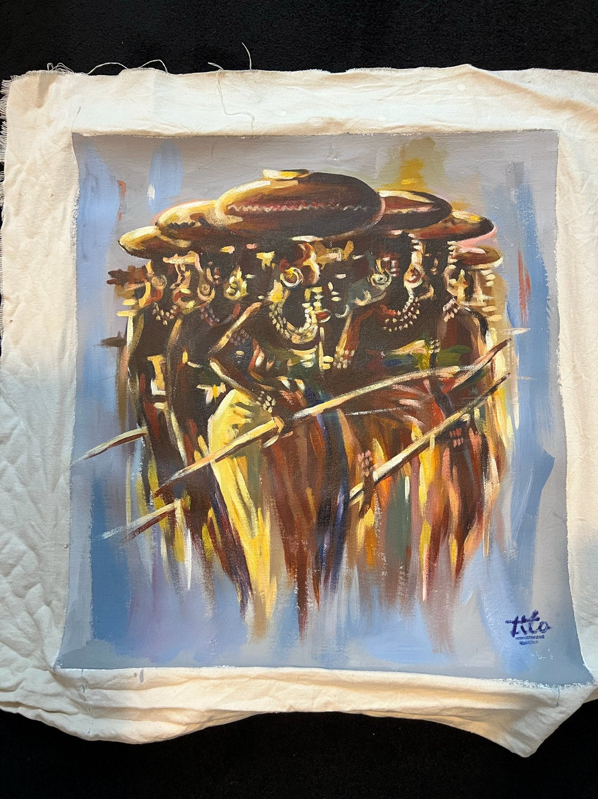 Afrikaanse kunst: Schilderij met traditionele figuren, Ophalen, Afrika, Meerkleurig, Geschilderd