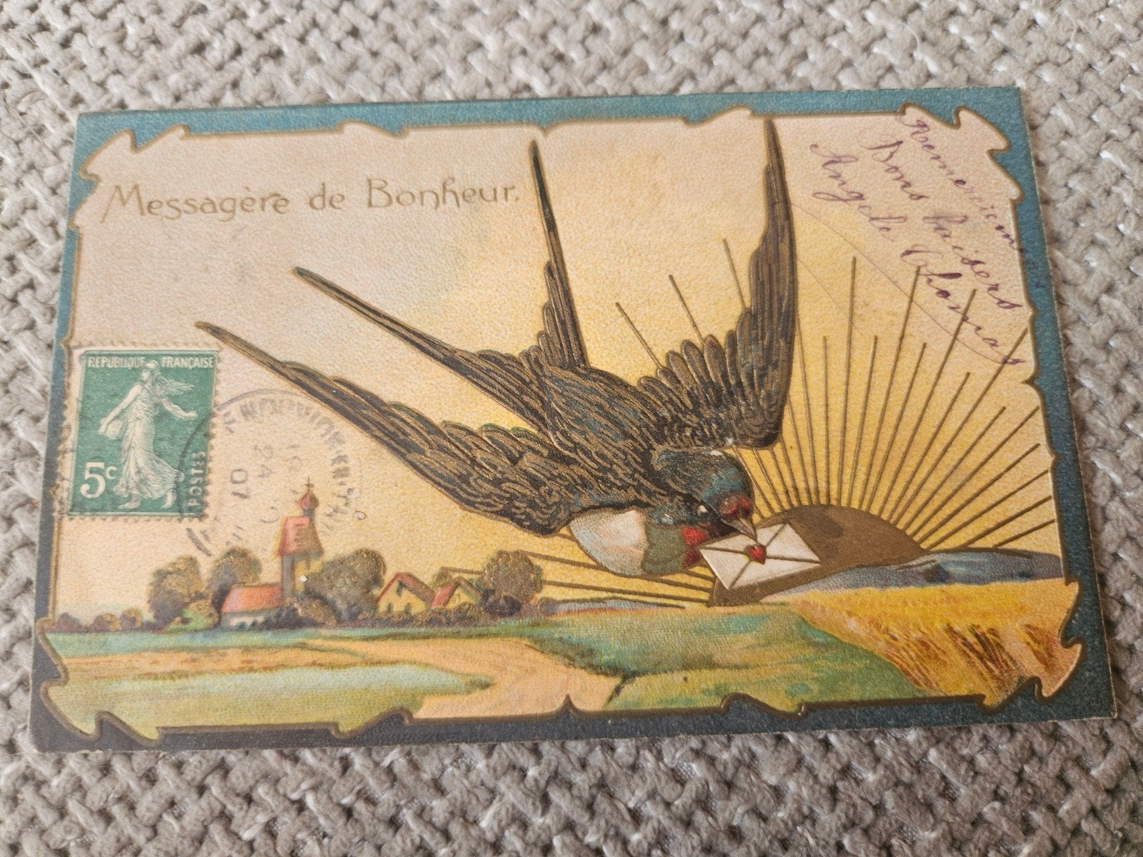 Antieke Ansichtkaart relief Zwaluw met Brief (1907), Ophalen of Verzenden, Voor 1920, Gelopen