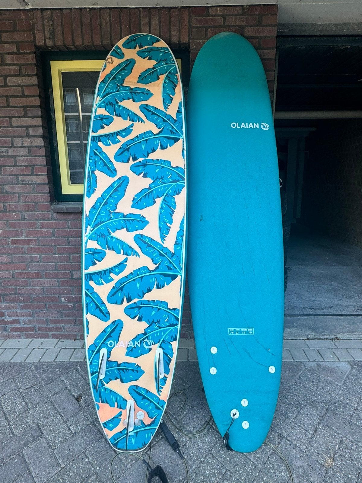 2x Olaian surfplank softtop 7’8 75L, Ophalen, Gebruikt, Longboard, Met vinnen