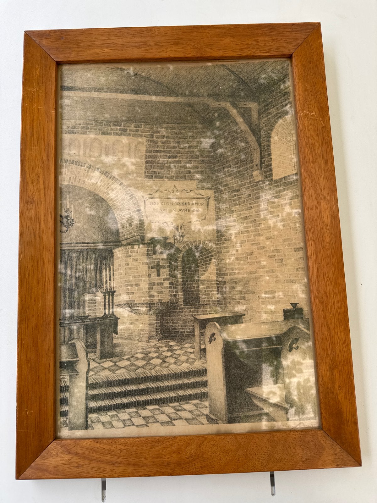 Oude ets van kerkinterieur met Latijnse tekst, ingelijst, Ingelijst, Ets, Religie, Ophalen of Verzenden