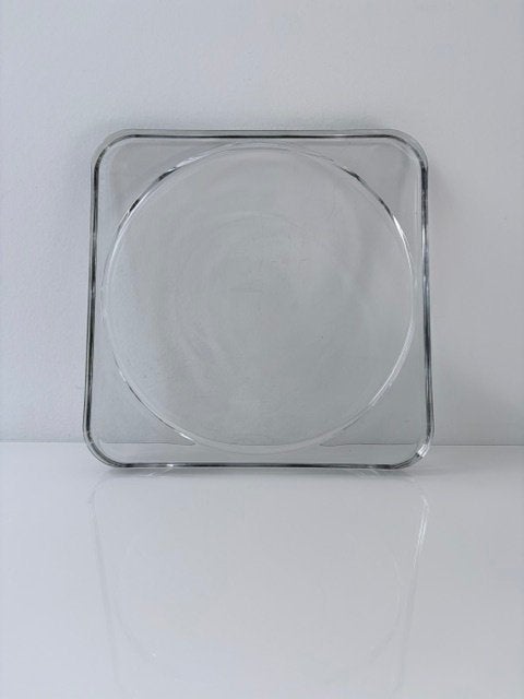 Vintage zware glazen schaal 28 cm – geometrisch design, Schaal, Vierkant, Ophalen of Verzenden, Glas