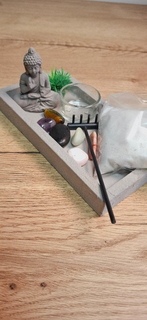 Mini Zen Tuin Set Boeddha Met Natuurstenen Zand Harkje Beton, Steen/keramiek, Onbekend, Nieuw, Grijs