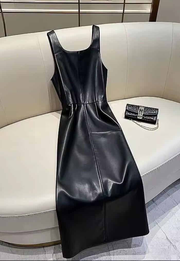 Mooie leerlook jurk, Verzenden, Nieuw, Zwart, Onder de knie