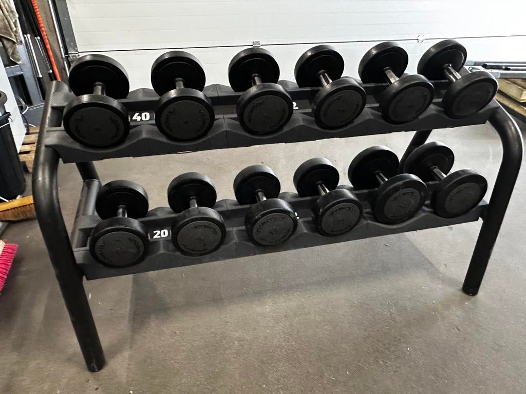 Technogym Dumbells 4kg t/m 14kg + Technogym Opbergrek, Sport en Fitness, Fitnessmaterialen, Ophalen, Gebruikt, Dumbbell