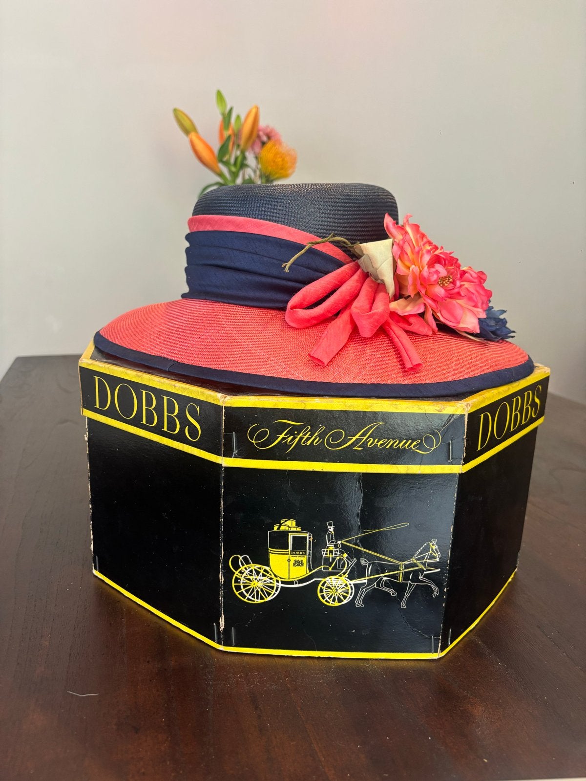 Vintage Dobbs Fifth Avenue Hoed - Koraal & Marineblauw, Ophalen of Verzenden, Zo goed als nieuw, One size fits all, Hoed