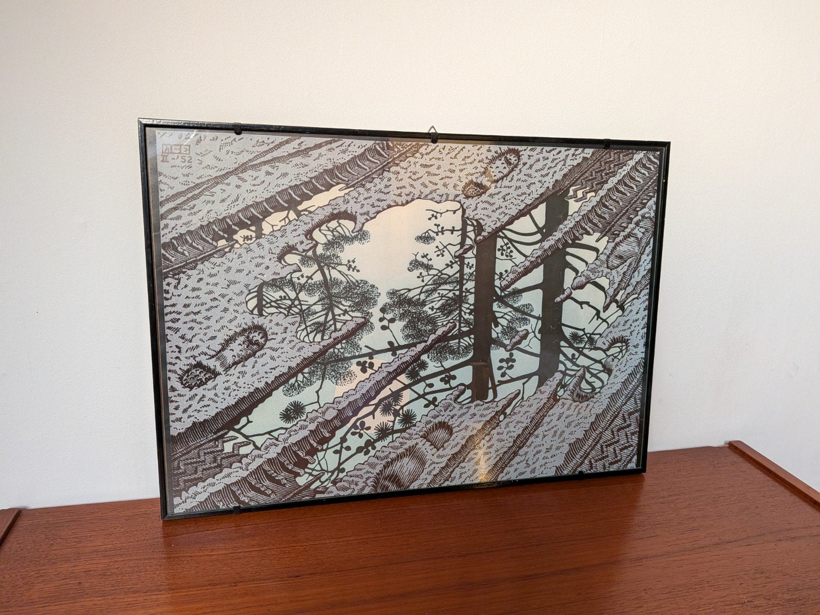 M.C. Escher 'Puddle' Poster met lijst, Gebruikt, Met lijst, Rechthoekig Liggend, Ophalen of Verzenden