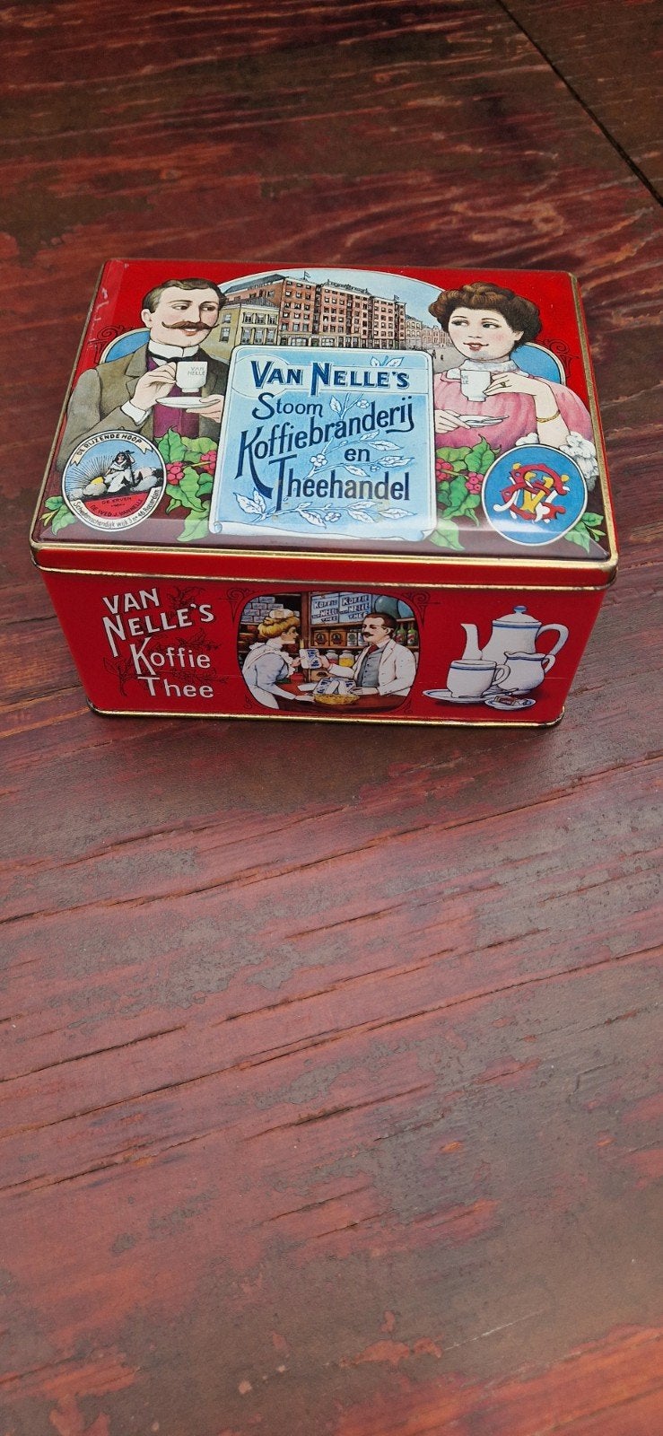 Vintage Van Nelle Koffie Thee Blik - Rood met Afbeeldingen, Verzamelen, Blikken, Ophalen of Verzenden