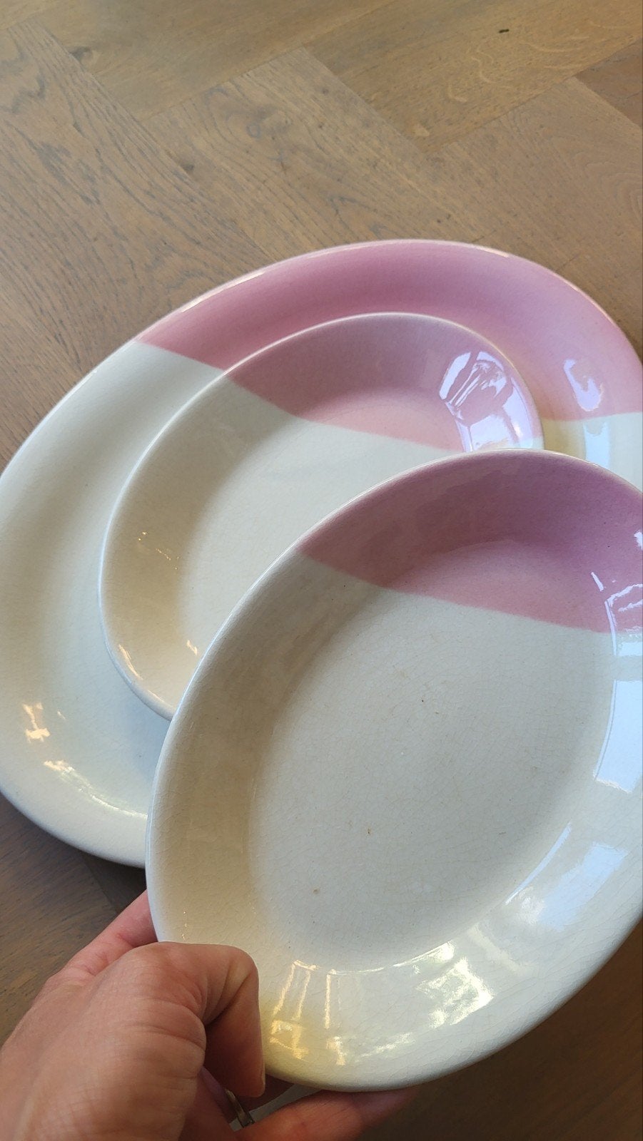 Set van 3 Longchamp France ovale schalen roze/wit, Ophalen of Verzenden
