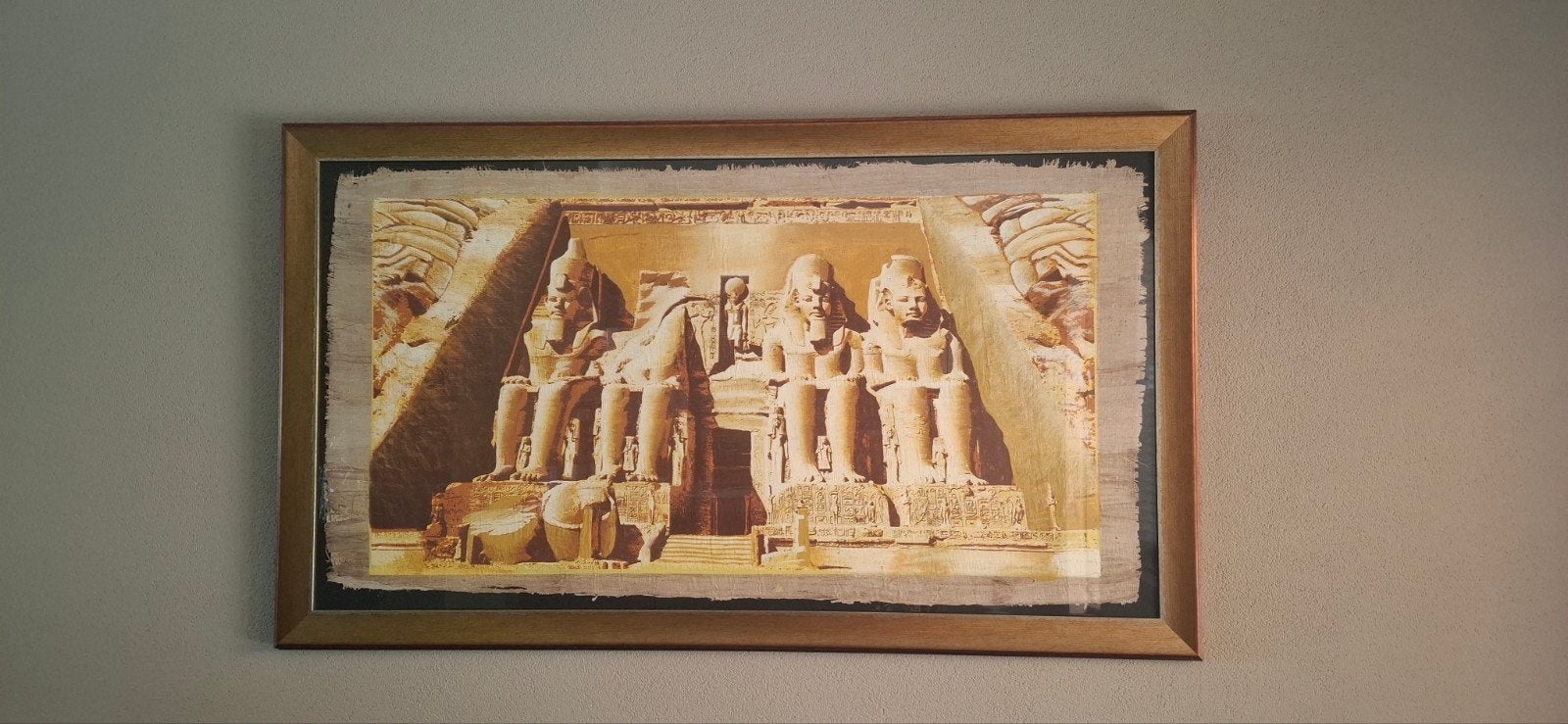 Ingelijste Abu Simbel op papyrus - 80x140cm, Antiek en Kunst, Ophalen, Overige ondergronden, Klassiek, Print