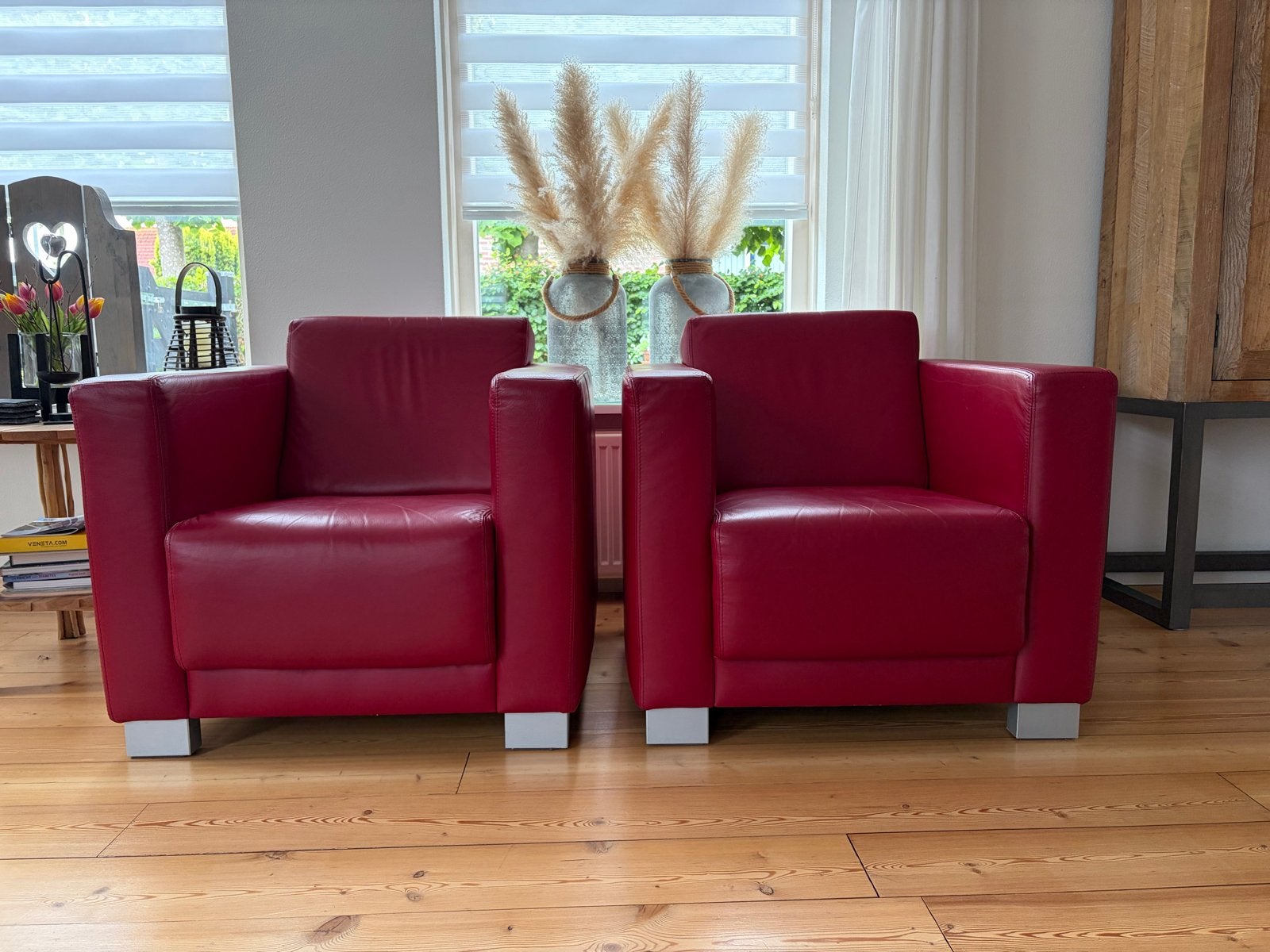 2x Rode Leren Fauteuils - Comfortabel en Stijlvol, Huis en Inrichting, Fauteuils, Ophalen, Gebruikt, Leer, 75 tot 100 cm