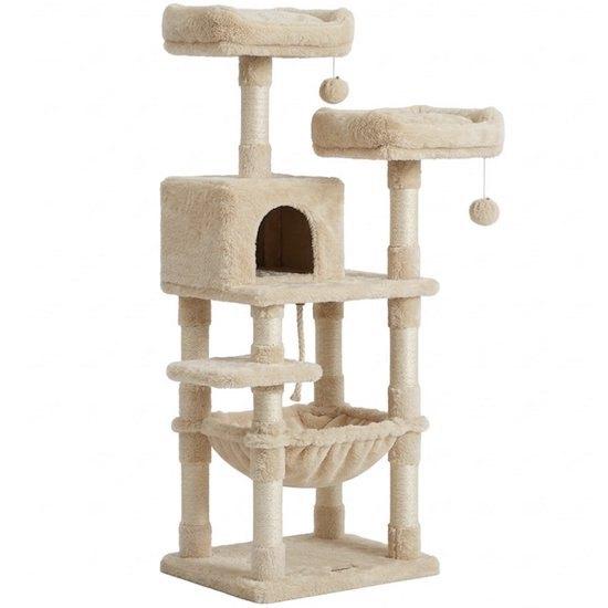 Krabpaal 143 cm – Beige – Met Hangmat & Huisje, Dieren en Toebehoren, Krabmeubelen, Zo goed als nieuw, Krabpaal, Ophalen