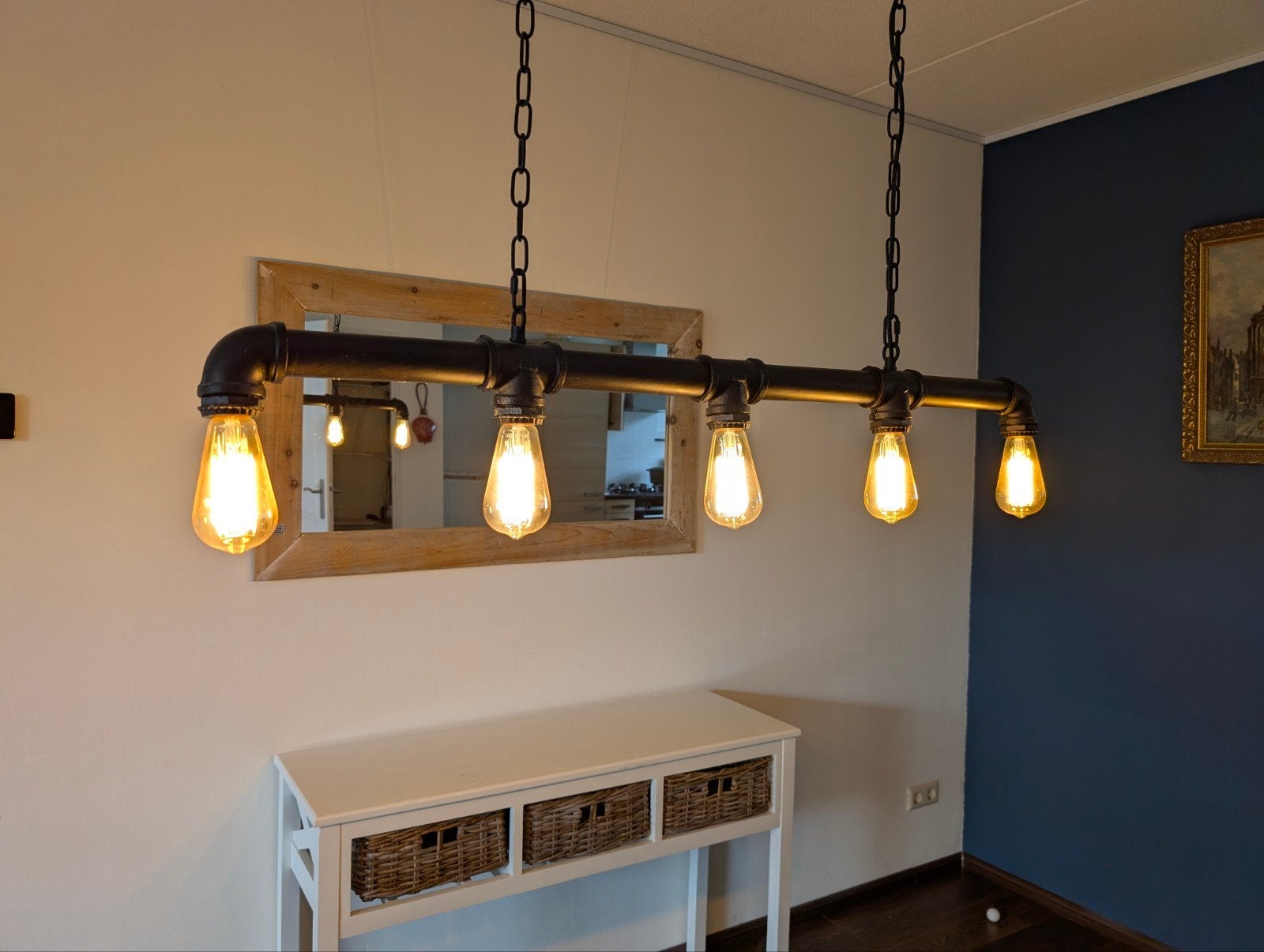 Industriële hanglamp met 5 Edison lampen, Ophalen, E27 (groot), Zo goed als nieuw, Industrieel, Vintage