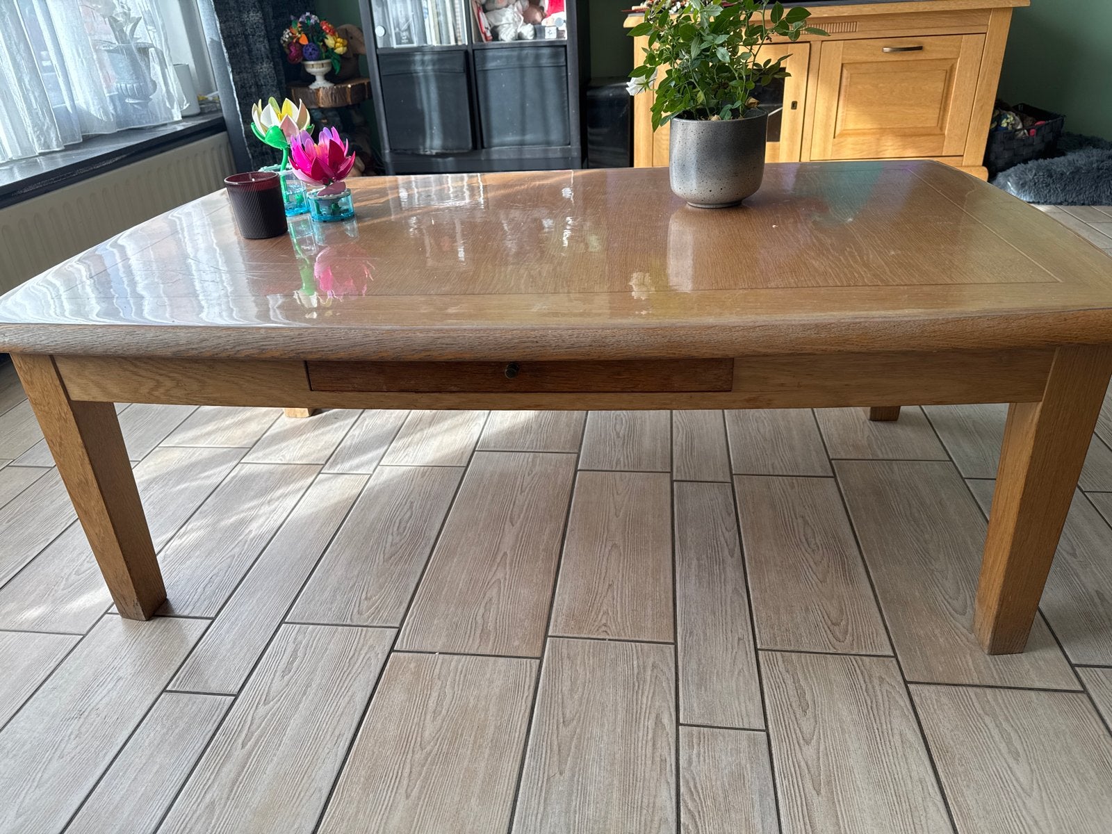 Licht eiken salontafel met handige lade, Ophalen, Gebruikt, 100 tot 150 cm, Eikenhout