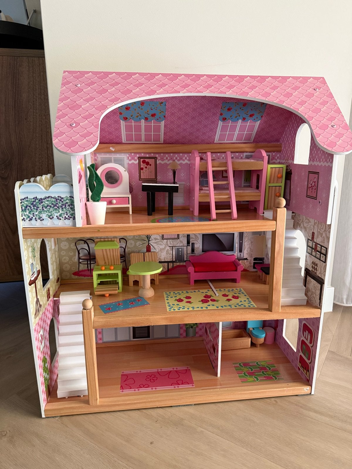 Bandits & Angels Houten Poppenhuis Roze Villa - 15 meubels, Ophalen, Gebruikt, Overige typen
