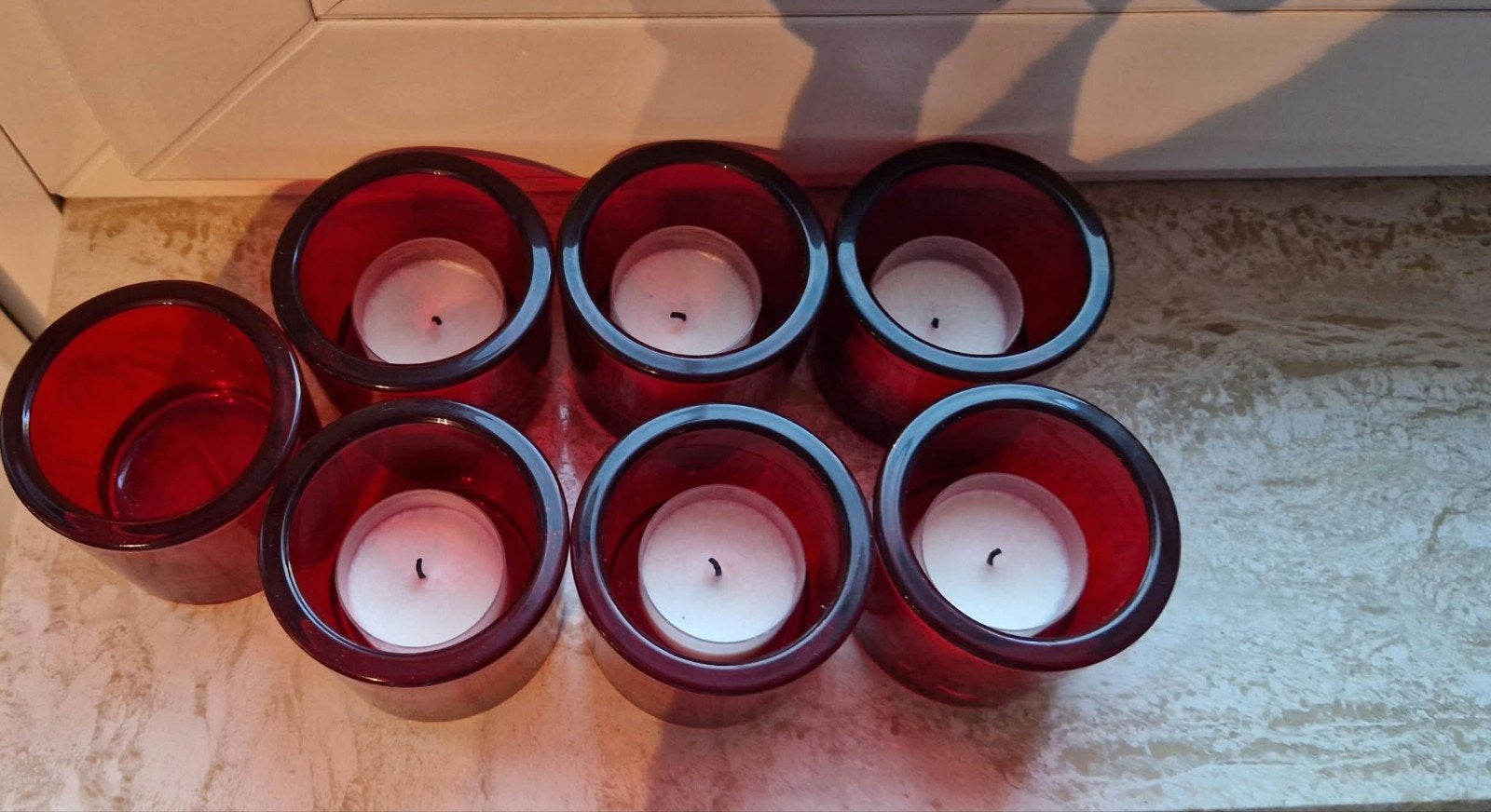Set van 7 rode waxinelichthouders, Ophalen, Gebruikt, Waxinelichthouder, Glas