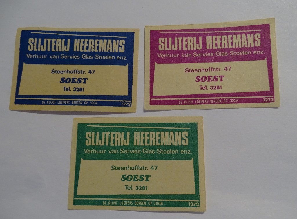 SLIJTERIJ   HEEREMANS   Steenhoffstraat    SOEST, Ophalen of Verzenden, Luciferdoosjes of -merken