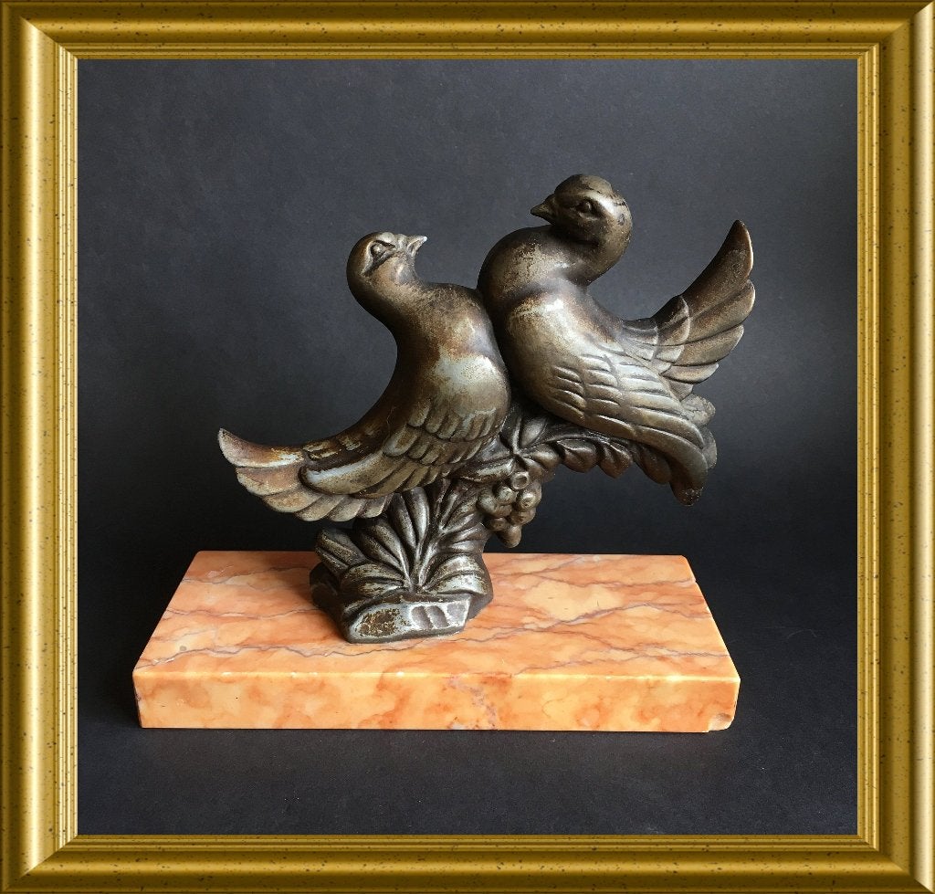Art deco beeldje op marmer: duif, vogels, duiven, Ophalen of Verzenden