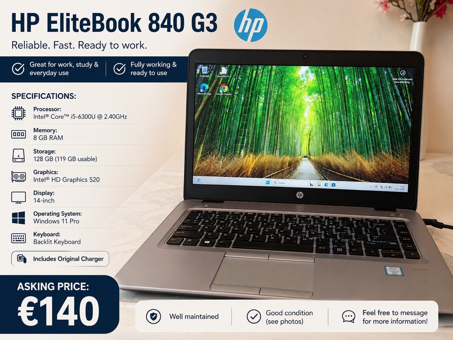 HP EliteBook 840 G3 – Intel Core i5 / 8GB RAM / 128GB SSD –, Computers en Software, Ophalen of Verzenden, 14 inch, 2 tot 3 Ghz