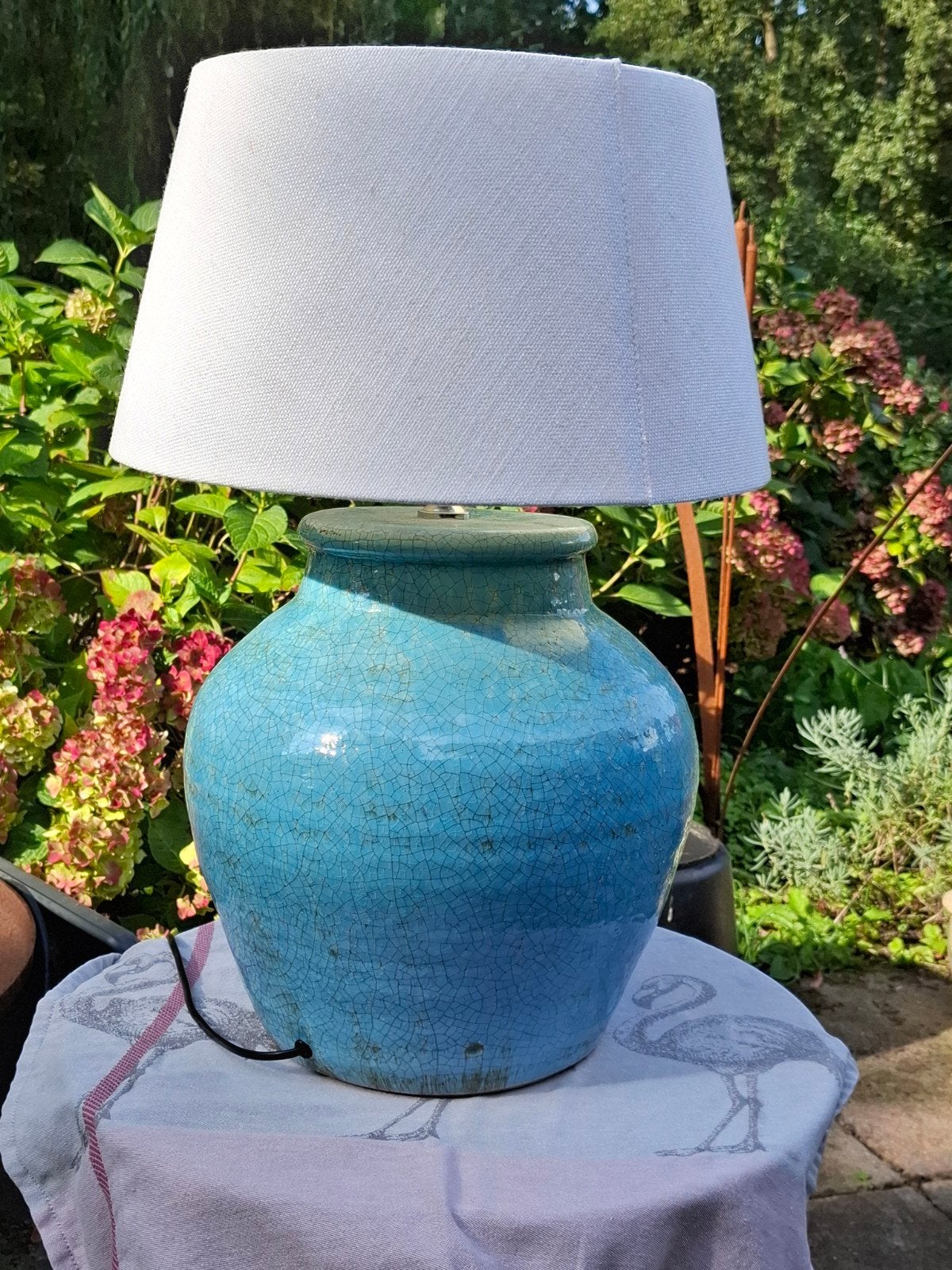 Grote turquoise schemerlamp met craquelé effect, Ophalen, Gebruikt, E27 (groot), Met kap