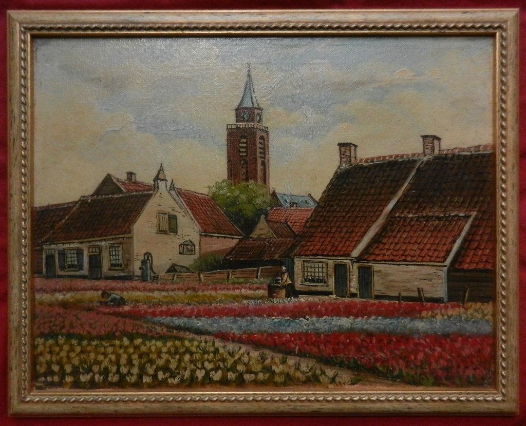 Olieverf Bollenvelden bij Rijnsburg ongesign ca1920-30 30x39, Doek, Impressionistisch, Ophalen of Verzenden, Landschap