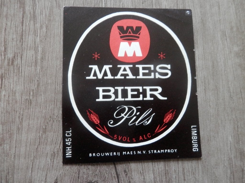 ouder bier etiket Maes bier Stramproy pils 45 cl., Verzamelen, Ophalen of Verzenden, Zo goed als nieuw, Overige typen, Overige merken
