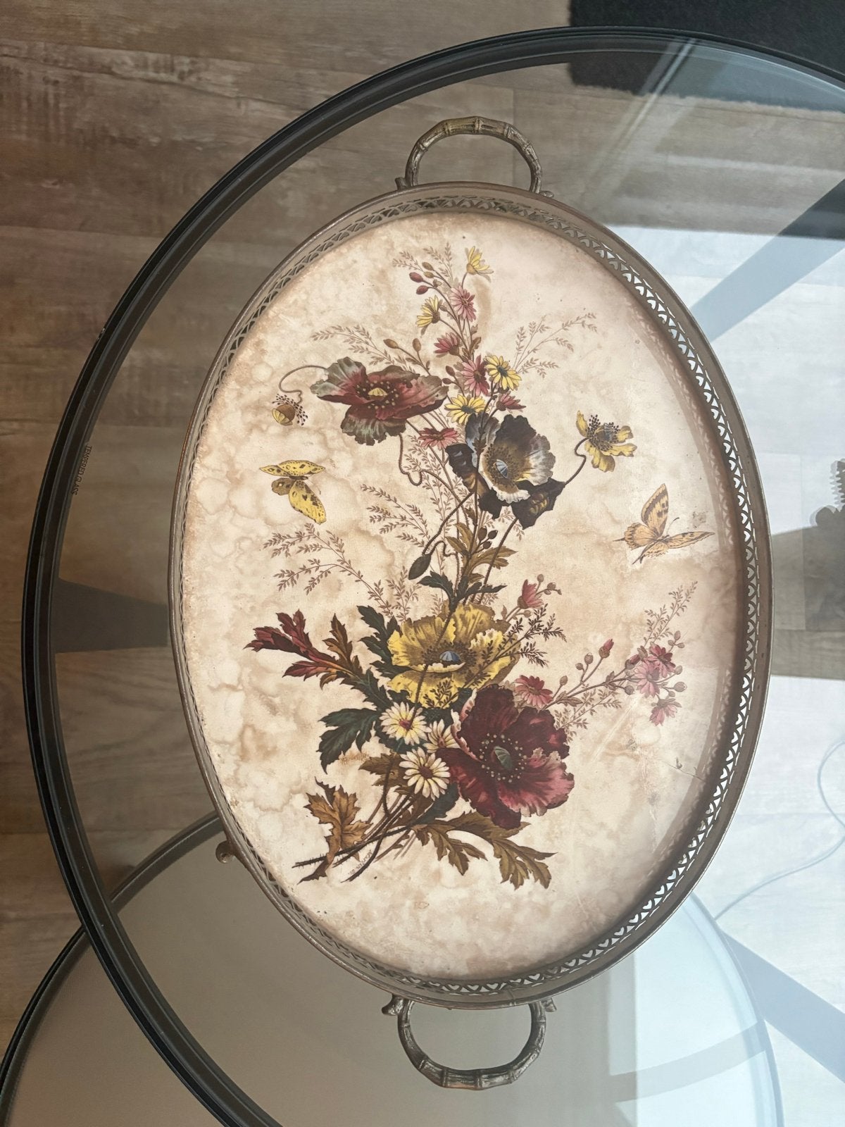 Vintage dienblad ovaal met bloemen en vlinders 30x50 cm, Ophalen, Gebruikt, Dienblad, Ovaal