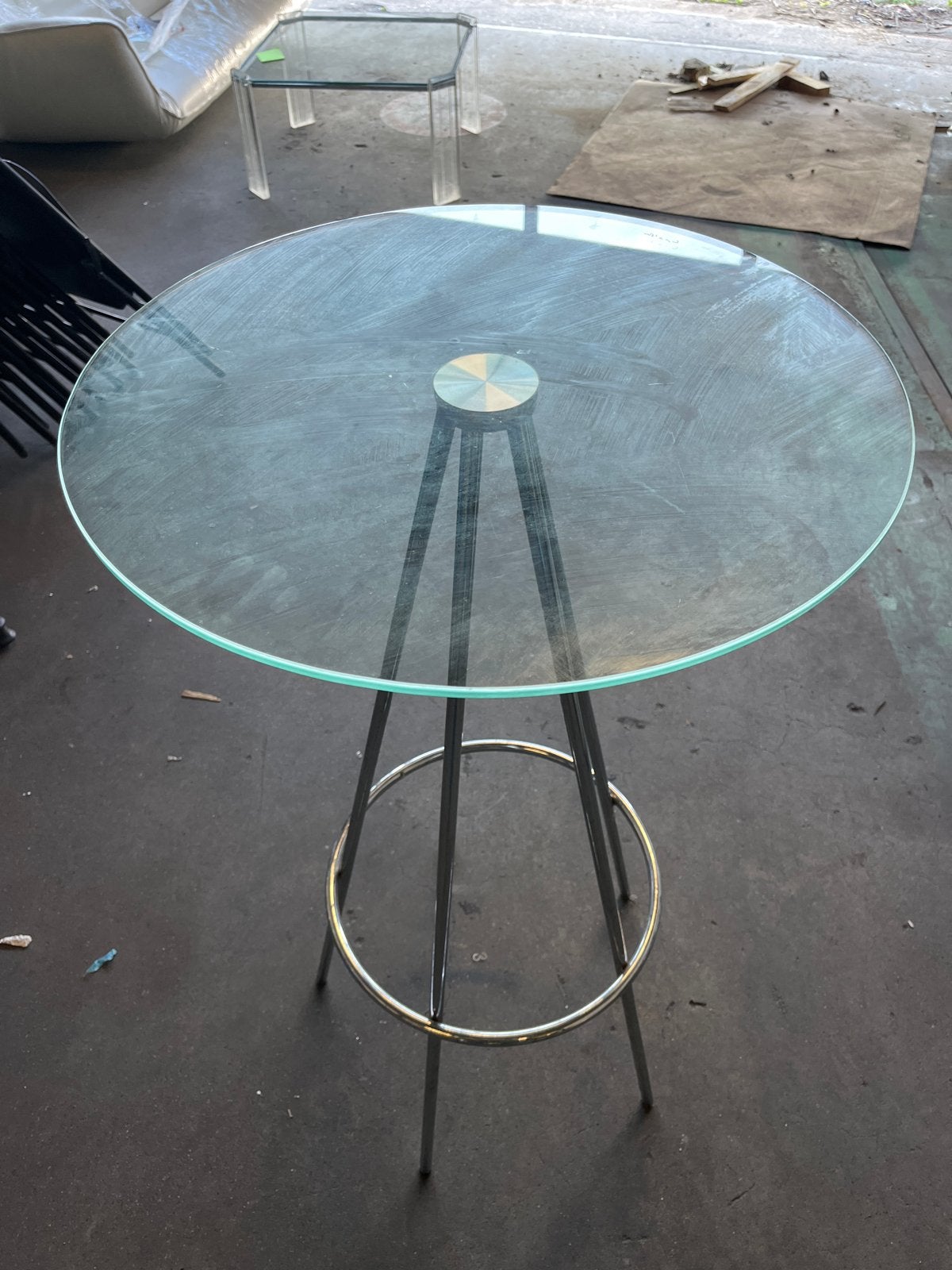 Hoog (104cm) en Laag (72 cm) Glazen Bartafels, Ophalen, Gebruikt, 100 tot 150 cm, Rond