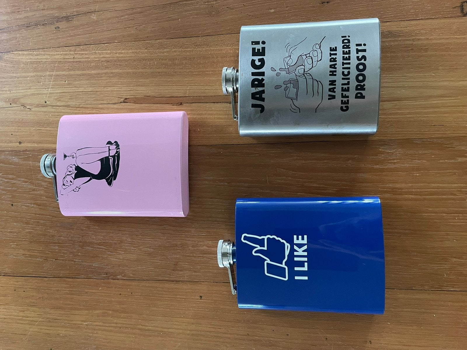 Set van drie roestvrijstalen heupflesjes, inhoud Ps 170 ml, Ophalen of Verzenden, Zo goed als nieuw