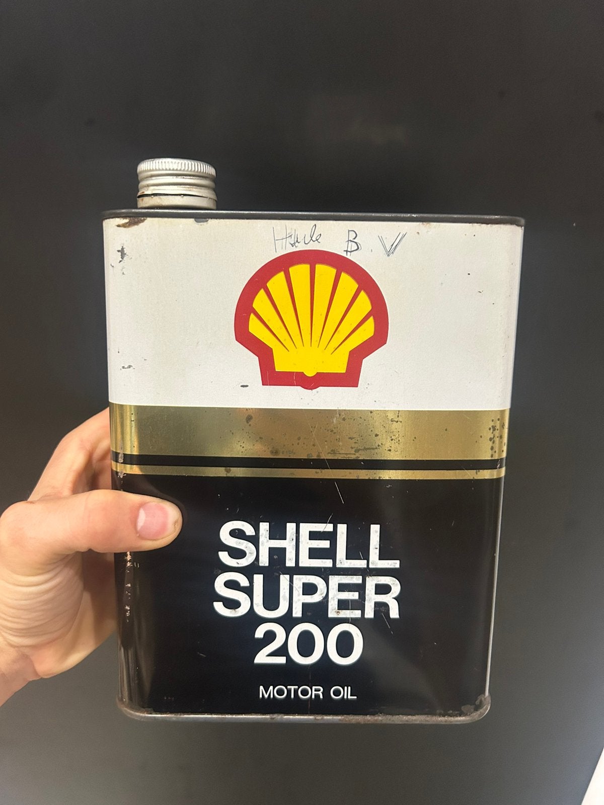 Olieblik olie blik oil can Shell super 200 vintage mancave, Verzamelen, Ophalen of Verzenden, Zo goed als nieuw, Overige