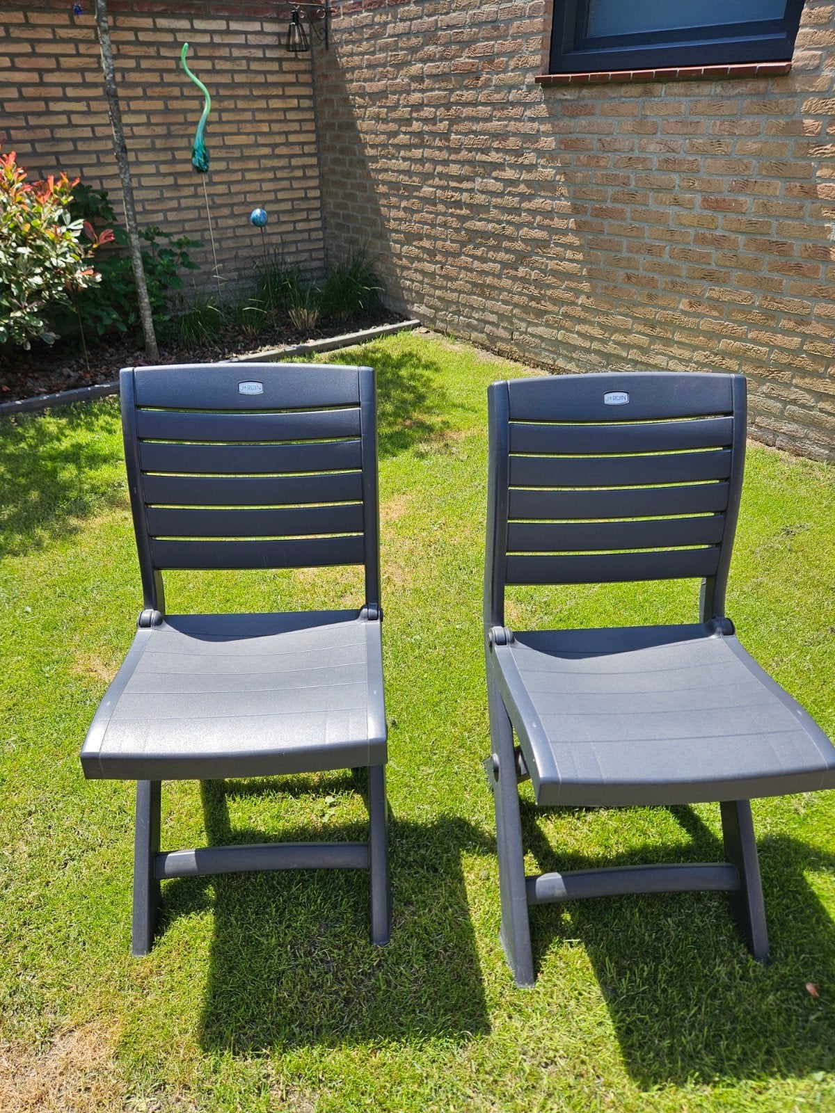 2x Jardin antraciet Kunststof Tuinstoelen - Inklapbaar, Ophalen, Gebruikt, Kunststof, Inklapbaar